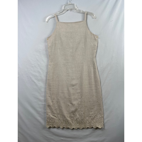 Eddie Bauer Dresses & Skirts - Eddie Bauer Dress Womens 4 Beige 100% Linen Embroidered Scalloped Hem Sheath